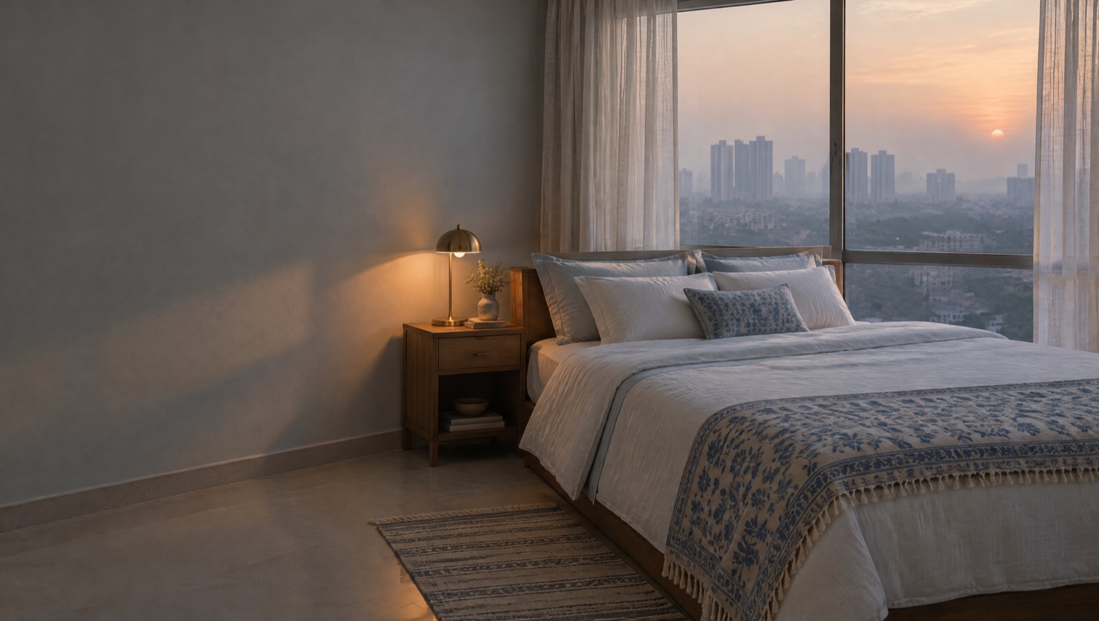 A calm bedroom at dusk with a hazy city skyline through the window
