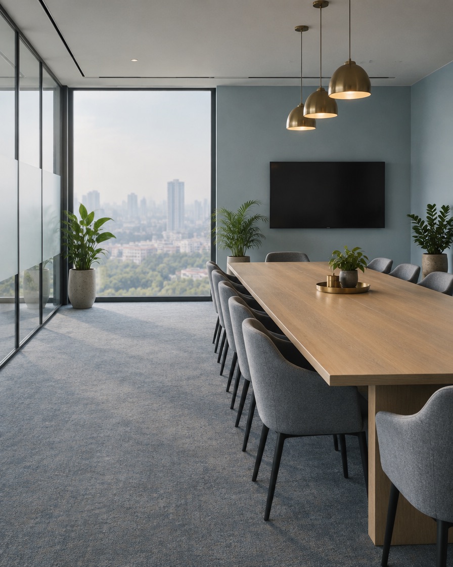 An empty office meeting room with a hazy city view